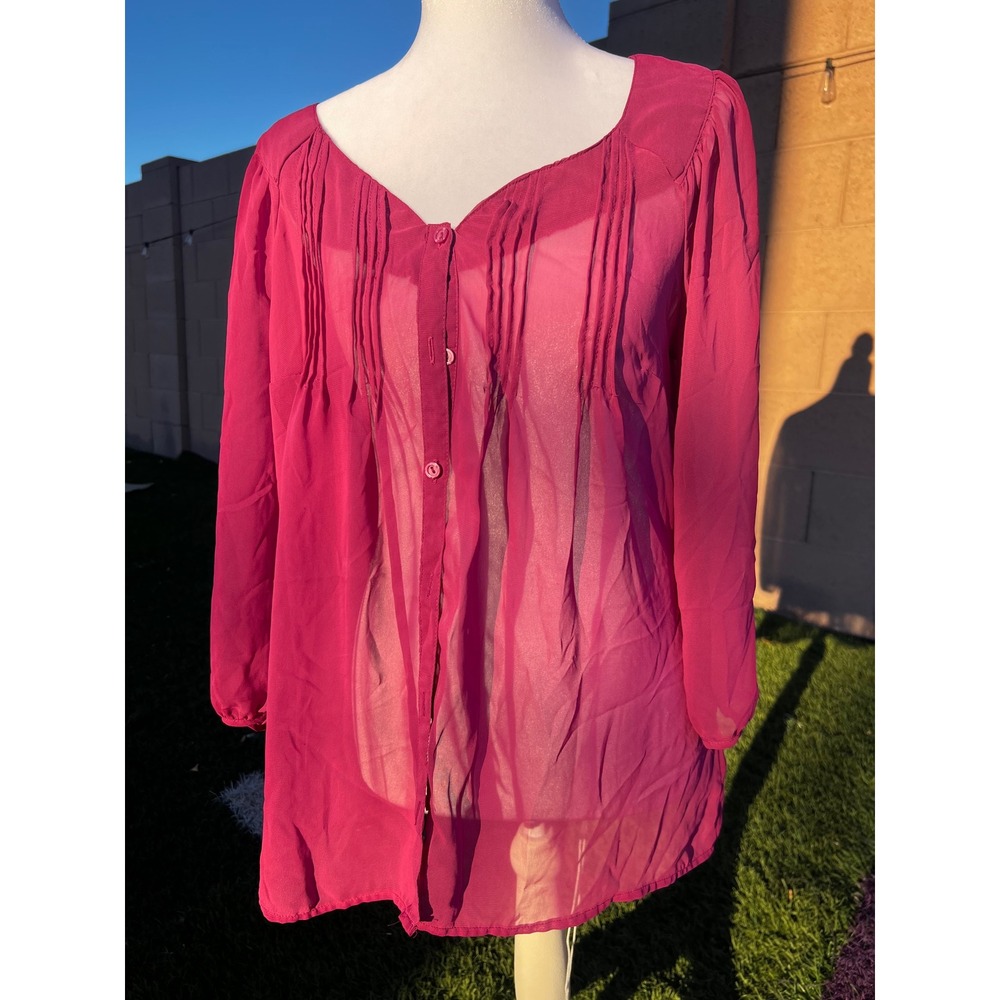 East 5th Magenta Pink Sheer Pintuck Button Down Blouse Top Womens Medium NWT